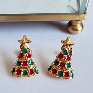 Vintage 90s Avon Christmas Tree Earrings Gold Star Red Green Studs NIB